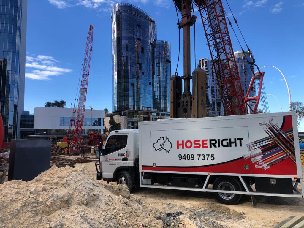 Hoseright mobile service truck on a high-rise construction site in Perth CBD near The Ritz-Carlton